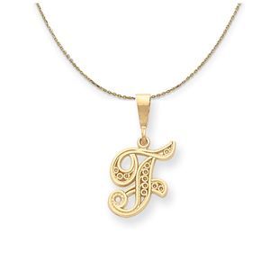 14k Yellow Gold, Maci, LG Filigree Script Initial F Necklace - 18 Inch